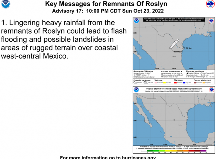 @NHC_Pacific: Here are the 10pm CDT Sunday 23 October Key Messages for the Remnants of #Roslyn. Lingering heavy rainfall could lead to flash flooding & mudslides in areas of rugged terrain.Final Advisory: