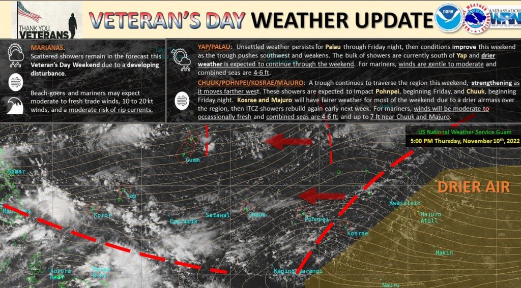 @NWSGuam: VETERAN’S DAY WEATHER UPDATEIncreasing showers are expected for Guam due to a developing disturbance, and for Chuuk and Pohnpei as a trough continues westward and intensifies. Have a fun & safe holiday weekend! Stay up to date at @NWSGuam