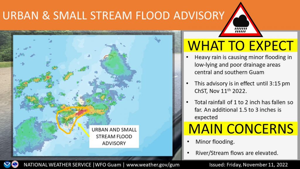 @NWSGuam: *An Urban and Small Stream flood advisory is now in effect until 3:15 pm*Heavy showers and thunderstorms will cause minor flooding in poor drainage areas. Remain caution on roadways and on the beach. Remember if thunder roars head indoors! Forecast: @NWSGuam