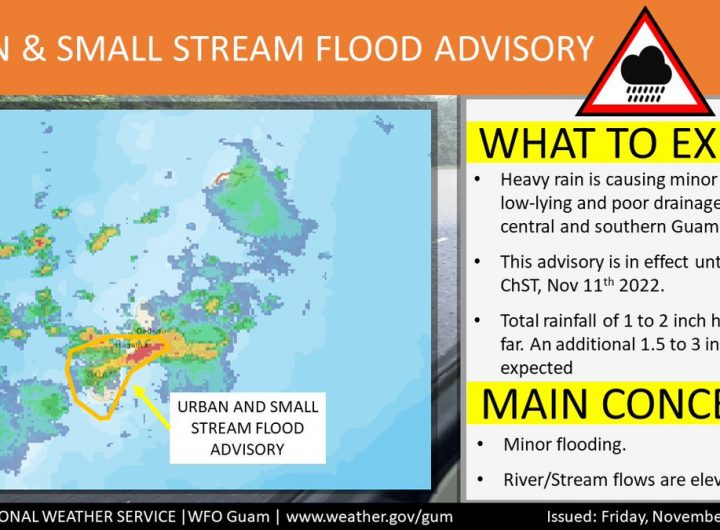 @NWSGuam: *An Urban and Small Stream flood advisory is now in effect until 3:15 pm*Heavy showers and thunderstorms will cause minor flooding in poor drainage areas. Remain caution on roadways and on the beach. Remember if thunder roars head indoors! Forecast: @NWSGuam