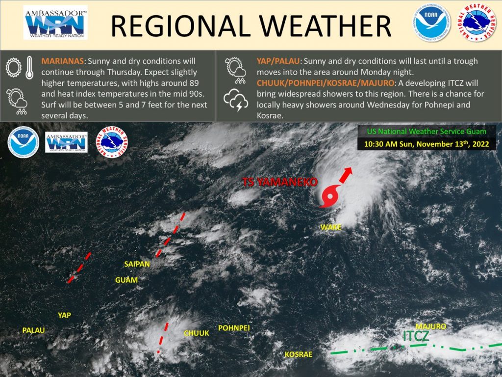 @NWSGuam: Hafa Adai! Here is your weather outlook for November 13th 2022.Tropical Storm Yamaneko: This storm is located near Wake island and is moving away from Micronesia. It will not bring any impacts to our area.Head to our webpage for the full forecast: @NWSGuam