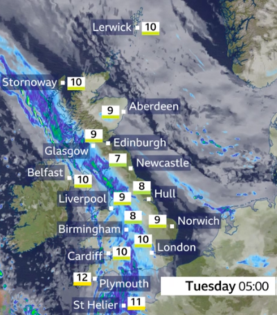 @bbcweather: Tonight, it will turn wet and windy in western areas as a band of rain sweeps in from the west. Ahead of this to the east, there will be a mix of low cloud, clear spells and some light, patchy rain. BBC Weather (@bbcweather) / Twitter